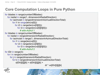 Core Computation Loops in Pure Python
> PyCon DE 2016 > Andreas Schreiber • Python at Warp Speed > 30.10.2016DLR.de • Chart 12
for iblades in range(numberOfBlades):
for iradial in range(1, dimensionInRadialDirection):
for iazimutal in range(dimensionInAzimualDirectionTotal):
for i1 in range(len(vx[0])):
for i2 in range(len(vx[0][0])):
for i3 in range(len(vx[0][0][0])):
# wilin-Aufruf 1
for iblades in range(numberOfBlades):
for iradial in range(dimensionInRadialDirection):
for iazimutal in range(1, dimensionInAzimualDirectionTotal):
for i1 in range(len(vx[0])):
for i2 in range(len(vx[0][0])):
for i3 in range(len(vx[0][0][0])):
# wilin-Aufruf 2
for iDir in range(3):
for i in range(numberOfBlades):
for j in range(dimensionInRadialDirection):
for k in range(dimensionInAzimualDirectionTotal):
x[iDir][i][j][k] = x[iDir][i][j][k] +
dt * vx[iDir][i][j][k]
 