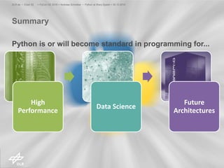 Summary
> PyCon DE 2016 > Andreas Schreiber • Python at Warp Speed > 30.10.2016DLR.de • Chart 52
High
Performance
Data Science
Future
Architectures
Python is or will become standard in programming for...
 