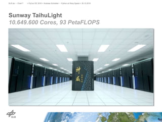Sunway TaihuLight
10.649.600 Cores, 93 PetaFLOPS
> PyCon DE 2016 > Andreas Schreiber • Python at Warp Speed > 30.10.2016DLR.de • Chart 7
 