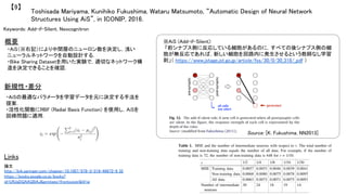Toshisada Mariyama, Kunihiko Fukushima, Wataru Matsumoto, “Automatic Design of Neural Network
Structures Using AiS”, in ICONIP, 2016.	
【9】	
Keywords: Add-if-Silent, Neocognitron	
概要	
・AiS（※右記）により中間層のニューロン数を決定し，浅い
ニューラルネットワークを自動設計する．	
・Bike Sharing Datasetを用いた実験で，適切なネットワーク構
造を決定できることを確認．	
Links	
論文
http://link.springer.com/chapter/10.1007/978-3-319-46672-9_32	
https://books.google.co.jp/books?
id=UfUqDQAAQBAJ&printsec=frontcover&hl=ja	
	
新規性・差分	
・AiSの最適なパラメータを学習データを元に決定する手法を
提案．	
・活性化関数にRBF (Radial Basis Function) を使用し，AiSを
回帰問題に適用．	
	
※AiS (Add-if-Silent):	
「前シナプス側に反応している細胞があるのに，すべての後シナプス側の細
胞が無反応であれば，新しい細胞を回路内に発生させるという教師なし学習
則」（ https://www.jstage.jst.go.jp/article/fss/30/0/30_318/_pdf ）	
Source: [K. Fukushima, NN2013]	
 