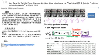 Jian-Fang Hu, Wei-Shi Zheng, Lianyang Ma, Gang Wang, Jianghuang Lai, “Real-time RGB-D Activity Prediction
by Soft Regression”, in ECCV, 2016.	
【15】	
Keywords: RGBD, Action Prediction	
新規性・差分	
概要	
RGBDセンサを用いた姿勢による入力から人物行動予測を実
行する．姿勢特徴から空間的な勾配や時系列構造を考慮した
Local Accumulative Frame Feature (LAFF)を構成し，右図のよ
うなSoft Regression Modelにより予測モデルを生成する．特徴
と時間的に先の行動を対応づけるPrediction Lossの他に正規
化や整合性を保つ項を追加．行動認識や行動予測の精度とも
に安定した結果を見せた．	
・RGBDからの行動予測について，Soft Regression Modelを提
案した．	
・LAFFによる表現と最適化モデルにより，安定した行動予測を
実現した．RGBよりもデプスを使った方が良いことも実証した．	
Links	
論文 http://www3.ntu.edu.sg/home/wanggang/Publications.html	
ポスター http://www.eccv2016.org/files/posters/P-1A-17.pdf	
プロジェクト 	
 