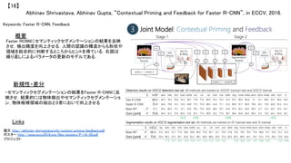 Abhinav Shrivastava, Abhinav Gupta, “Contextual Priming and Feedback for Faster R-CNN”, in ECCV, 2016.	
【16】	
Keywords: Faster R-CNN, Feedback	
新規性・差分	
概要	
Faster RCNNにセマンティックセグメンテーションの結果を反映
させ，検出精度を向上させる．人間の認識の構造からも形状や
領域を総合的に判断するところからヒントを得ている．右図は
繰り返しによるパラメータの更新のモデルである．	
・セマンティックセグメンテーションの結果をFaster R-CNNに反
映させ，結果的には物体検出やセマンティックセグメンテーショ
ン，物体候補領域の抽出と３者において向上させる	
	
Links	
論文 http://abhinav-shrivastava.info/context_priming_feedback.pdf	
ポスター http://www.eccv2016.org/files/posters/P-1A-20.pdf	
プロジェクト 	
 