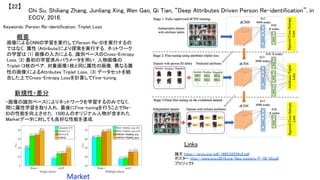 Chi Su, Shiliang Zhang, Junliang Xing, Wen Gao, Qi Tian, “Deep Attributes Driven Person Re-identification”, in
ECCV, 2016.	
【22】	
Keywords: Person Re-identification, Triplet Loss	
新規性・差分	
概要	
画像によるCNNの学習を実行してPerson Re-IDを実行するの
ではなく，属性 (Attribute)により探索を実行する．ネットワーク
の学習は (1) 画像の入力による，識別ベースのCross-Entropy
Loss, (2) 最初の学習済みパラメータを用い，人物画像の
Triplet (3枚のペア，対象画像1枚と同じ属性の画像，異なる属
性の画像)によるAttributes Triplet Loss，(3) データセットを統
合した上でCross-Entropy Lossを計算してFine-tuning．	
・画像の識別ベースによりネットワークを学習するのみでなく，
間に属性学習を取り入れ，最後にFine-tuningを行うことでRe-
IDの性能を向上させた．1500人のオリジナル人物が含まれた
Marketデータに対しても良好な性能を達成．	
Links	
論文 https://arxiv.org/pdf/1605.03259v2.pdf	
ポスター http://www.eccv2016.org/files/posters/P-1B-34.pdf	
プロジェクト 	
 