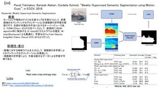 Pavel Tokmakov, Karteek Alahari, Cordelia Schmid, “Weakly-Supervised Semantic Segmentation using Motion
Cues”, in ECCV, 2016.	
【24】	
Keywords: Weakly Supervised Semantic Segmentation	
新規性・差分	
概要	
モーションや物体カテゴリの尤度マップを手掛かりとして，前景
領域のセマンティックセグメンテーションを弱教師付き学習の要
領で行う．右図が本論文の手法におけるオーバービューであ
り，FCNN [Chen+, ICLR15]をベースとして，直感的にはEM-
algorithm的に解決する (E-stepはピクセルラベルの推定，M-
stepはbackpropによる最適化)．学習ははYouTube Objects,
ImageNet Videos, Pascal VOC 2012より行った．	
・画像に対する物体ラベルを入力として，弱教師付き学習によ
りセマンティックセグメンテーションを実施した．	
・弱教師付き学習により，今後は膨大なデータによる学習が可
能である．	
	
Links	
論文 https://arxiv.org/pdf/1603.07188v2.pdf	
ポスター http://www.eccv2016.org/files/posters/P-2B-40.pdf	
	
 