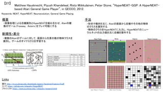 Matthew Hausknecht, Piyush Khandelwal, Risto Miikkulainen, Peter Stone, “HyperNEAT-GGP: A HyperNEAT-
based Atari General Game Player”, in GECCO, 2012.	
【27】	
Keywords: NEAT, HyperNEAT, Neuroevolution, General Game Playing	
手法	概要	
・画像処理による自機識別とHyperNEATを組み合わせ，Atariの複
数のゲーム（Freeway, Asterix）をプレイ可能にする．	
・形状や動きを元に，Atariの画面から自機やその他の物体
のクラスを識別する．	
・物体のクラスをHyperNEATに入力し，HyperNEATのニュー
ラルネットの出力値を元に自機を操作する．	
Links	
論文 http://nn.cs.utexas.edu/downloads/papers/hausknecht.gecco12.pdf	
コード https://github.com/mhauskn/HyperNEAT	
プロジェクト https://www.cs.utexas.edu/~mhauskn/research.html	
新規性・差分	
・複数のAtariのゲームに対して，画面から任意の数の物体クラスを
識別し，ゲームのダイナミクスを学習する．	
	
 