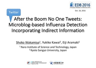 After	the	Boom	No	One	Tweets:	
Microblog-based	Influenza	Detection	
Incorporating	Indirect	Information	
Shoko	Wakamiya1,	Yukiko	Kawai2,	Eiji Aramaki1
1	Nara	Institute	of	Science	and	Technology,	Japan		
2	Kyoto	Sangyo	University,	Japan
Oct.	18,	2016
Twitter
 