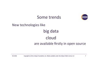 Some	trends	
New	technologies	like		
big	data	
cloud		
are	available	ﬁrstly	in	open	source	
Oct	2016	 Copyright	(c)	2016,	...