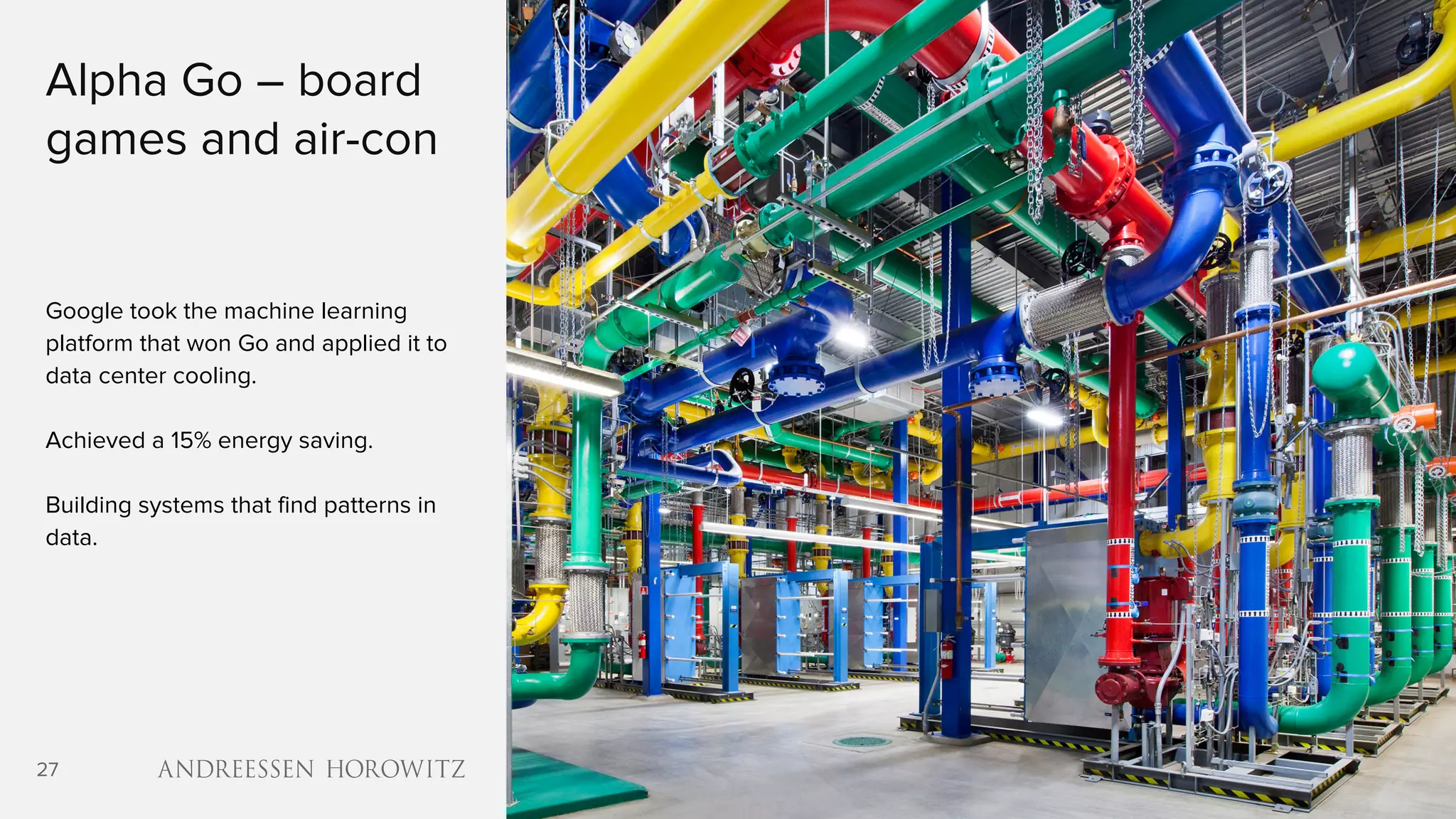 27
Alpha Go – board
games and air-con
Google took the machine learning
platform that won Go and applied it to
data center cooling.
Achieved a 15% energy saving.
Building systems that find patterns in
data.
 