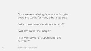 26
Since we’re analysing data, not looking for
dogs, this works for many other data sets.
“Which customers are about to churn?”
“Will that car let me merge?”
“Is anything weird happening on the
network?”
 