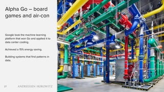 27
Alpha Go – board
games and air-con
Google took the machine learning
platform that won Go and applied it to
data center cooling.
Achieved a 15% energy saving.
Building systems that find patterns in
data.
 