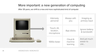 38
More important: a new generation of computing
After 30 years, we shift to a new and more sophisticated kind of computer
Intensely
personal
Always with
you
Imaging as
primary input
Touch, tilt,
location,
microphone
App stores
Ignore battery
& bandwidth
1000x faster
Cloud &
machine
learning
And yet much
easier to
use…
 
