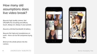 41
How many old
assumptions does
live video break?
Assume high quality camera, fast
CPU/GPU for encoding and effects,
touch, always on, always in your pocket.
Assume unlimited bandwidth & battery.
Assume 1bn high-end smartphones on
earth - there can be 50 companies trying
this.
And turn the whole phone into the
camera.
Source: Houseparty, Yixia
 
