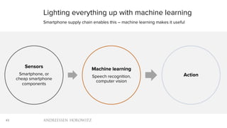 43
Sensors
Smartphone, or
cheap smartphone
components
Machine learning
Speech recognition,
computer vision
Action
Lighting everything up with machine learning
Smartphone supply chain enables this – machine learning makes it useful
 