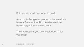 54
But how do you know what to buy?
Amazon is Google for products, but we don’t
have a Facebook or Buzzfeed – we don’t
have suggestion and discovery.
The internet lets you buy, but it doesn’t let
you shop.
 