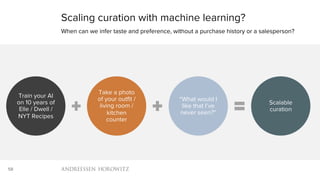 58
Train your AI
on 10 years of
Elle / Dwell /
NYT Recipes
Take a photo
of your outfit /
living room /
kitchen
counter
“What would I
like that I’ve
never seen?”
Scalable
curation
Scaling curation with machine learning?
When can we infer taste and preference, without a purchase history or a salesperson?
 