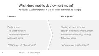 6
What does mobile deployment mean?
Creation
Platform wars
The latest handset!
Technology arguments
Millions of users
“Will this work? Who will win?”
Deployment
The big winners are clear
Steady, incremental improvement
Commodity technology (mostly)
Billions of users
“What can we build with his?”
As we pass 2.5bn smartphones in use, the issues that matter are changing
 