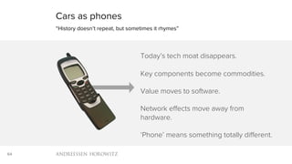 64
Cars as phones
“History doesn’t repeat, but sometimes it rhymes”
Today’s tech moat disappears.
Key components become commodities.
Value moves to software.
Network effects move away from
hardware.
‘Phone’ means something totally different.
 
