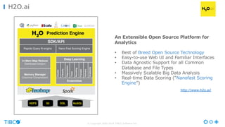 © Copyright 2000-2016 TIBCO Software Inc.
H2O.ai
An Extensible Open Source Platform for
Analytics
• Best of Breed Open Source Technology
• Easy-to-use Web UI and Familiar Interfaces
• Data Agnostic Support for all Common
Database and File Types
• Massively Scalable Big Data Analysis
• Real-time Data Scoring (“Nanofast Scoring
Engine”)
http://www.h2o.ai/
 