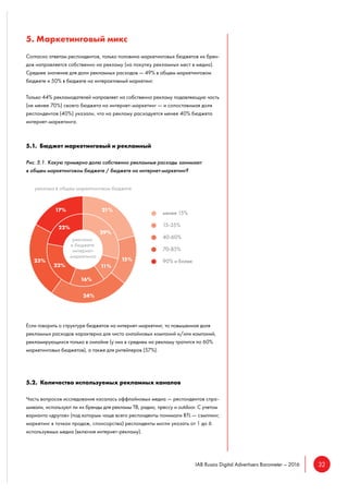 32IAB Russia Digital Advertisers Barometer – 2016
5. Маркетинговый микс
Согласно ответам респондентов, только половина маркетинговых бюджетов их брен-
дов направляется собственно на рекламу (на покупку рекламных мест в медиа).
Среднее значение для доли рекламных расходов — 49% в общем маркетинговом
бюджете и 50% в бюджете на интерактивный маркетинг.
Только 44% рекламодателей направляет на собственно рекламу подавляющую часть
(не менее 70%) своего бюджета на интернет-маркетинг — и сопоставимая доля
респондентов (40%) указали, что на рекламу расходуется менее 40% бюджета
интернет-маркетинга.
5.1. Бюджет маркетинговый и рекламный
Рис. 5.1. Какую примерно долю собственно рекламные расходы занимают
в общем маркетинговом бюджете / бюджете на интернет-маркетинг?
Если говорить о структуре бюджетов на интернет-маркетинг, то повышенная доля
рекламных расходов характерна для чисто онлайновых компаний и/или компаний,
рекламирующихся только в онлайне (у них в среднем на рекламу тратится по 60%
маркетинговых бюджетов), а также для ритейлеров (57%).
5.2. Количество используемых рекламных каналов
Часть вопросов исследования касалась оффлайновых медиа — респондентов спра-
шивали, используют ли их бренды для рекламы ТВ, радио, прессу и outdoor. С учетом
варианта «другое» (под которым чаще всего респонденты понимали BTL — сэмплинг,
маркетинг в точках продаж, спонсорства) респонденты могли указать от 1 до 6
используемых медиа (включая интернет-рекламу).
менее 15%
15-35%
40-60%
70-85%
90% и более
 