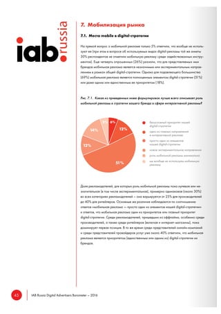 45 IAB Russia Digital Advertisers Barometer – 2016
7. Мобилизация рынка
7.1. Место mobile в digital-стратегии
На прямой вопрос о мобильной рекламе только 5% ответили, что вообще не исполь-
зуют ее (при этом в вопросе об используемых видах digital-рекламы той же анкеты
30% респондентов не отметили мобильную рекламу среди задействованных инстру-
ментов). Еще четверть опрошенных (26%) указали, что для представляемых ими
брендов мобильная реклама является незначимым или экспериментальным направ-
лением в рамках общей digital-стратегии. Однако для подавляющего большинства
(69%) мобильная реклама является полноценным элементом digital-стратегии (51%)
или даже одним или единственным ее приоритетом (18%).
Рис. 7.1. Какая из приведенных ниже формулировок лучше всего описывает роль
мобильной рекламы в стратегии вашего бренда в сфере интерактивной рекламы?
Доля рекламодателей, для которых роль мобильной рекламы пока нулевая или не-
значительная (в том числе экспериментальная), примерно одинаковая (около 30%)
во всех категориях рекламодателей – она варьируется от 25% для производителей
до 40% для ритейлеров. Основные же различия наблюдаются по соотношению
ответов «мобильная реклама — просто один из элементов нашей digital-стратегии»
и ответов, что мобильная реклама один из приоритетов или главный приоритет
digital-стратегии. Среди рекламодателей, пришедших из оффлайна, особенно среди
производителей, а также среди ритейлеров (включая и интернет-магазины), пока
доминирует первая позиция. В то же время среди представителей онлайн-компаний
и среди представителей провайдеров услуг уже около 40% ответили, что мобильная
реклама является приоритетом (единственным или одним из) digital-стратегии их
брендов.
безусловный приоритет нашей
digital-стратегии
одно из главных направлений
в интерактивной рекламе
просто один из элементов
нашей digital-стратегии
новое экспериментальное направление
роль мобильной рекламы минимальна
мы вообще не используем мобильную
рекламу
 