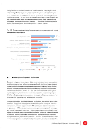 52IAB Russia Digital Advertisers Barometer – 2016
Если учитывать исключительно ответы тех рекламодателей, которые уже сейчас
используют performance-рекламу, то окажется, что для них количество покупок —
почти столь же часто используемая при закупке performance-рекламы метрика, как
и количество кликов, а на количество регистраций ориентируется даже больший про-
цент рекламодателей, чем на достижение целевых страниц. Также рекламодатели,
которые уже используют performance-рекламу, в 3 раза чаще остальных указывали,
что они учитывают и другие (помимо включенных в вопрос) метрики.
Рис. 8.3. Отношение к метрикам performance-маркетинга в зависимости от исполь-
зования самого инструмента
8.3. Используемые системы аналитики
Основным инструментом для оценки эффективности интерактивной рекламы оста-
ются бесплатные системы веб-статистики вроде Google Analytics и Яндекс.Метрики
— их используют почти все опрошенные рекламодатели. На втором месте по попу-
лярности остаются собственные (разработанные внутри компании) статистические
и аналитические сервисы, притом за 2 года доля рекламодателей, использующих
подобные решения, практически не изменилась и осталась на уровне примерно
55%. Как и 2 года назад, онлайн-кампании используют собственные решения в 1,5
раза чаще, чем рекламодатели, пришедшие из оффлайна.
Доли рекламодателей, использующих такие инструменты, как платные сервисы веб-
аналитики, инструменты аудита размещений и отслеживания конверсий, заказные
исследования, осталась на уровне около 40% для каждого из трех инструментов —
по сравнению с 2014 г., незначительно снизилась доля рекламодателей, использую-
щих платные сервисы веб-аналитики, и немного выросла доля использующих специ-
альные инструменты аудита кампаний и отслеживания конверсий. Как и собственные
разработки, платные сервисы веб-аналитики чаще используют онлайн-компании,
а к сервисам аудита размещений и особенно к заказным исследованиям для оценки
эффективности рекламы чаще прибегают рекламодатели, пришедшие из оффлайна.
 