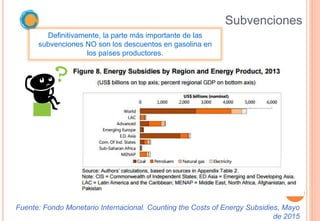 Subvenciones
25
Fuente: Fondo Monetario Internacional. Counting the Costs of Energy Subsidies, Mayo
de 2015
Definitivamente, la parte más importante de las
subvenciones NO son los descuentos en gasolina en
los países productores.
 