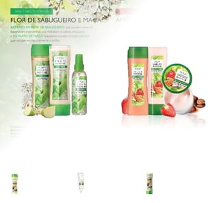82
FLOR DE SABUGUEIRO E MAÇÃ
 Champô para Cabelo
Normal com Flor de
Sabugueiro e Maçã Nature
Secrets
250 ml.
25353 €6,00 €4,45
 Condicionador para Cabelo
Normal com Flor de
Sabugueiro e Maçã Nature
Secrets
250 ml.
25350 €6,00 €4,45
 Máscara para Cabelos Pintados com Óleo de Amêndoas e
Morango Nature Secrets
150 ml.
30360 €7,00 €4,95
 Condicionador para Cabelos
Pintados com Óleo de
Amêndoas e Morango Nature
Secrets
250 ml.
30358 €6,00 €4,45
 Champô para Cabelos
Pintados com Óleo de
Amêndoas e Morango Nature
Secrets
250 ml.
30357 €6,00 €4,45
AMÊNDOA E MORANGO
O ÓLEO DE AMÊNDOAS DOCES, nutritivo, e EXTRATO
DE MORANGO, antioxidante, combinam-se especiicamente
para manter a sua cor vibrante durante mais tempo!
EXTRATO DE FLOR DE SABUGUEIRO que contém minerais,
lavonoides e proteínas, que hidratam o cabelo, enquanto
o EXTRATO DE MAÇÃ hidratante contém α-hydroxiácidos
que recuperam naturalmente o brilho.
 Tratamento Leave-in para Cabelo Normal com Flor de
Sabugueiro e Maçã Nature Secrets
150 ml.
25352 €8,00 €5,95
Óleo Quente para Cabelo Seco e
Daniicado com Trigo e Coco Nature
Secrets
15 ml.
22698 €3,00 €2,45
Champô para Cabelo Seco e
Daniicado com Trigo e Coco
Nature Secrets
250 ml.
21860 €6,00 €5,45
Condicionador para Cabelo Seco e
Daniicado com Trigo e Coco Nature
Secrets
250 ml.
21862 €6,00 €5,45






PARA O CABELO SECO E DANIFICADO
PARA O CABELO PINTADOPARA CABELOS NORMAIS
 