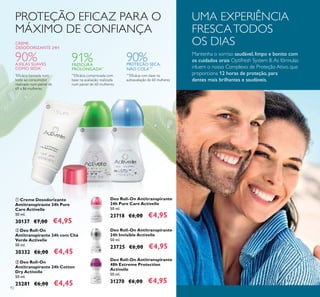 92
 Deo Roll-On
Antitranspirante 24h com Chá
Verde Activelle
50 ml.
30332 €6,00 €4,45
 Creme Desodorizante
Antitranspirante 24h Pure
Care Activelle
50 ml.
30137 €7,00 €4,95
 Deo Roll-On
Antitranspirante 24h Cotton
Dry Activelle
50 ml.
25281 €6,00 €4,45
*
Eicácia baseada num
teste ao consumidor
realizado num painel de
69 a 86 mulheres.
***
Eicácia com base na
autoavaliação de 60 mulheres
**
Eicácia comprovada com
base na avaliação realizada
num painel de 60 mulheres.
PROTEÇÃO EFICAZ PARA O
MÁXIMO DE CONFIANÇA
UMA EXPERIÊNCIA
FRESCATODOS
OS DIAS
Mantenha o sorriso saudável, limpo e bonito com
os cuidados orais Optifresh System 8.As fórmulas
inluem o nosso Complexo de Proteção Ativo, que
proporciona 12 horas de proteção, para
dentes mais brilhantes e saudáveis.
CREME
DESODORIZANTE 24H
90%AXILAS SUAVES
COMO SEDA*
90%PROTEÇÃO SECA,
NÃO COLA***
91%FRESCURA
PROLONGADA**

 
Deo Roll-On Antitranspirante
24h Pure Care Activelle
50 ml.
23718 €6,00 €4,95
Deo Roll-On Antitranspirante
24h Invisible Activelle
50 ml.
23725 €6,00 €4,95
Deo Roll-On Antitranspirante
48h Extreme Protection
Activelle
50 ml.
31270 €6,00 €4,95
 