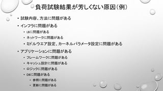 負荷試験結果が芳しくない原因（例）
• 試験内容、方法に問題がある
• インフラに問題がある
• LBに問題がある
• ネットワークに問題がある
• ミドルウエア設定、カーネルパラメータ設定に問題がある
• アプリケーションに問題がある
• フレームワークに問題がある
• キャッシュ設計に問題がある
• ロジックに問題がある
• DBに問題がある
• 参照に問題がある
• 更新に問題がある
 