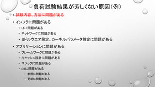 負荷試験結果が芳しくない原因（例）
• 試験内容、方法に問題がある
• インフラに問題がある
• LBに問題がある
• ネットワークに問題がある
• ミドルウエア設定、カーネルパラメータ設定に問題がある
• アプリケーションに問題がある
• フレームワークに問題がある
• キャッシュ設計に問題がある
• ロジックに問題がある
• DBに問題がある
• 参照に問題がある
• 更新に問題がある
 