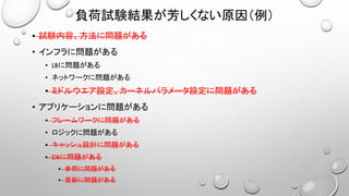 負荷試験結果が芳しくない原因（例）
• 試験内容、方法に問題がある
• インフラに問題がある
• LBに問題がある
• ネットワークに問題がある
• ミドルウエア設定、カーネルパラメータ設定に問題がある
• アプリケーションに問題がある
• フレームワークに問題がある
• ロジックに問題がある
• キャッシュ設計に問題がある
• DBに問題がある
• 参照に問題がある
• 更新に問題がある
 