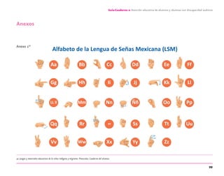 99
Guía-Cuaderno 2: Atención educativa de alumnos y alumnas con discapacidad auditiva
Anexos
Anexo 142
42 Juegos y materiales educativos de la niñez indígena y migrante. Preescolar. Cuaderno del alumno.
Alfabeto de la Lengua de Señas Mexicana (LSM)
Aa Bb Cc Dd Ee Ff
Gg Hh Ii Jj Kk Ll
LL ll Mm Nn Ññ Oo Pp
Qq rrRr Ss Tt Uu
Vv Ww Xx Yy Zz
Aa Bb Cc Dd Ee
Gg Hh Ii Jj Kk
LL ll Mm Nn Ññ Oo
Qq rrRr Ss Tt Uu
Vv Ww Xx Yy Zz
C
M
Y
CM
MY
CY
CMY
K
Tarjeta frente y vuelta.pdf 2 17/10/13 13:40
discapacidad auditiva.indd 99 26/11/13 08:58
 