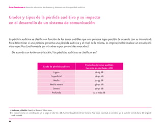 22
Guía-Cuaderno 2: Atención educativa de alumnos y alumnas con discapacidad auditiva
Grados y tipos de la pérdida auditiva y su impacto
en el desarrollo de un sistema de comunicación
La pérdida auditiva se clasiﬁca en función de los tonos audibles que una persona logra percibir de acuerdo con su intensidad.
Para determinar si una persona presenta una pérdida auditiva y el nivel de la misma, es imprescindible realizar un estudio clí-
nico especíﬁco (audiometría por vía aérea o por potenciales evocados).
De acuerdo con Anderson y Matkin,7
las pérdidas auditivas se clasiﬁcan en:8
Grado de pérdida auditiva
Promedio de tonos audibles
(se mide en decibeles /dB)
Ligera 16-25 dB
Superﬁcial 26-40 dB
Media 41-55 dB
Media severa 56-70 dB
Severa 71-90 dB
Profunda 91 o más dB
7 Anderson y Matkin (1991), en Romero, Silvia. 2000.
8 Es necesario tomar en consideración que se asigna el valor de 0 dB al umbral de audición del ser humano. Para mayor exactitud, se considera que la audición normal abarca del rango de-
10dB a +10dB.
discapacidad auditiva.indd 22 26/11/13 08:58
 