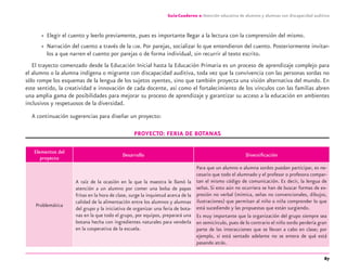 87
Guía-Cuaderno 2: Atención educativa de alumnos y alumnas con discapacidad auditiva
» Elegir el cuento y leerlo previamente, pues es importante llegar a la lectura con la comprensión del mismo.
» Narración del cuento a través de la LSM. Por parejas, socializar lo que entendieron del cuento. Posteriormente invitar-
los a que narren el cuento por parejas o de forma individual, sin recurrir al texto escrito.
El trayecto comenzado desde la Educación Inicial hasta la Educación Primaria es un proceso de aprendizaje complejo para
el alumno o la alumna indígena o migrante con discapacidad auditiva, toda vez que la convivencia con las personas sordas no
sólo rompe los esquemas de la lengua de los sujetos oyentes, sino que también proyecta una visión alternativa del mundo. En
este sentido, la creatividad e innovación de cada docente, así como el fortalecimiento de los vínculos con las familias abren
una amplia gama de posibilidades para mejorar su proceso de aprendizaje y garantizar su acceso a la educación en ambientes
inclusivos y respetuosos de la diversidad.
A continuación sugerencias para diseñar un proyecto:
PROYECTO: FERIA DE BOTANAS
Elementos del
proyecto
Desarrollo Diversiﬁcación
Problemática
A raíz de la ocasión en la que la maestra le llamó la
atención a un alumno por comer una bolsa de papas
fritas en la hora de clase, surge la inquietud acerca de la
calidad de la alimentación entre los alumnos y alumnas
del grupo y la iniciativa de organizar una feria de bota-
nas en la que todo el grupo, por equipos, preparará una
botana hecha con ingredientes naturales para venderla
en la cooperativa de la escuela.
Para que un alumno o alumna sordos puedan participar, es ne-
cesario que todo el alumnado y el profesor o profesora compar-
tan el mismo código de comunicación. Es decir, la lengua de
señas. Si esto aún no ocurriera se han de buscar formas de ex-
presión no verbal (mímica, señas no convencionales, dibujos,
ilustraciones) que permitan al niño o niña comprender lo que
está sucediendo y las propuestas que están surgiendo.
Es muy importante que la organización del grupo siempre sea
en semicírculo, pues de lo contrario el niño sordo perdería gran
parte de las interacciones que se llevan a cabo en clase; por
ejemplo, si está sentado adelante no se entera de qué está
pasando atrás.
discapacidad auditiva.indd 87 26/11/13 08:58
 