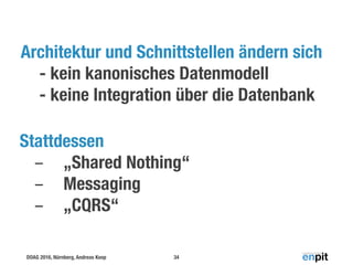 DOAG 2016, Nürnberg, Andreas Koop 34
Architektur und Schnittstellen ändern sich
- kein kanonisches Datenmodell
- keine Integration über die Datenbank
Stattdessen
- „Shared Nothing“
- Messaging
- „CQRS“
 