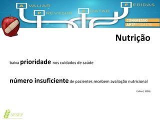Nutrição
baixa prioridade nos cuidados de saúde
número insuficientede pacientes recebem avaliação nutricional
Collier ( 2009)
 