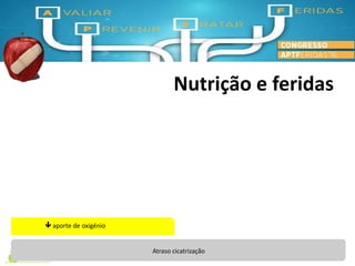 Nutrição e feridas
Johnston (2007)
Atraso cicatrização
 aporte de oxigénio
 