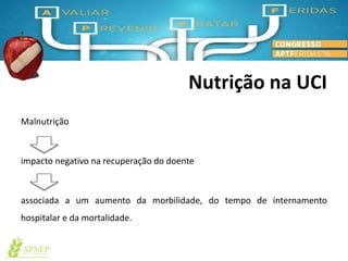 Nutrição na UCI
Malnutrição
impacto negativo na recuperação do doente
associada a um aumento da morbilidade, do tempo de internamento
hospitalar e da mortalidade.
 