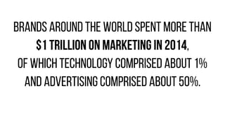 Brands around the world spent more than
$1 trillion on marketing in 2014,
of which technology comprised about 1%
and advertising comprised about 50%.
 