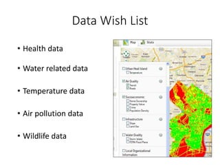 Data Wish List
• Health data
• Water related data
• Temperature data
• Air pollution data
• Wildlife data
 