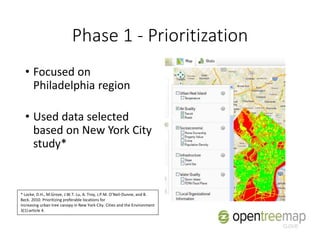 Phase 1 - Prioritization
• Focused on
Philadelphia region
• Used data selected
based on New York City
study*
* Locke, D.H., M.Grove, J.W.T. Lu, A. Troy, J.P.M. O’Neil-Dunne, and B.
Beck. 2010. Prioritizing preferable locations for
increasing urban tree canopy in New York City. Cities and the Environment
3(1):article 4.
 