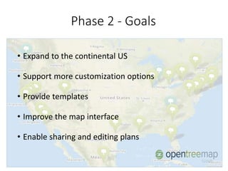 Phase 2 - Goals
• Expand to the continental US
• Support more customization options
• Provide templates
• Improve the map interface
• Enable sharing and editing plans
 