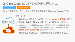 XenDesktop for
Windows 10 VDI
XenApp “express”
Citrix Cloud
VDA
Azure 上で稼働
HTTPS (443, outbound)
 