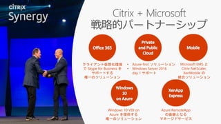 Citrix + Microsoft
戦略的パートナーシップ
Windows 10 VDI on
Azure を提供する
唯一のソリューション
クライアント仮想化環境
で Skype for Business を
サポートする
唯一のソリューション
• Azure-first ソリューション
• Windows Server 2016
day 1 サポート
Microsoft EMS と
Citrix NetScaler,
XenMobile の
統合ソリューション
Azure RemoteApp
の後継となる
マネージドサービス
 