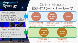 Citrix + Microsoft
戦略的パートナーシップ
Windows 10 VDI on
Azure を提供する
唯一のソリューション
クライアント仮想化環境
で Skype for Business を
サポートする
唯一のソリューション
• Azure-first ソリューション
• Windows Server 2016
day 1 サポート
Microsoft EMS と
Citrix NetScaler,
XenMobile の
統合ソリューション
Azure RemoteApp
の後継となる
マネージドサービス
SNR002, Day2 12:00-12:45
もうVDIだけではない、
シトリックスによるAzure /
Office 365の最大活用と最適化
<<本セッション>>
CLD009, Day2 18:10-19:00
お待たせしました！
真の VDI on Azure がついに
実現します！
 