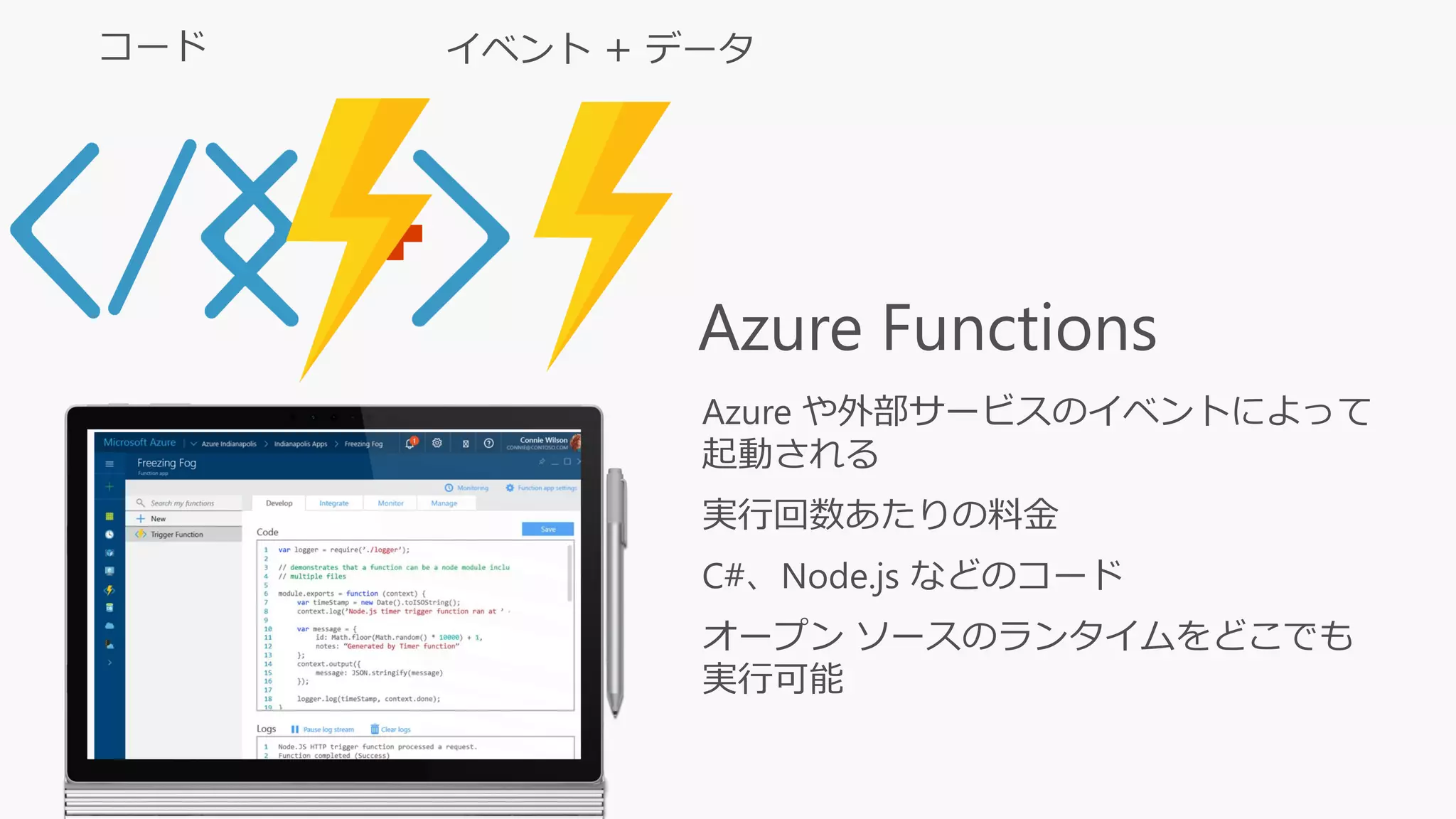 Azure Functions
Azure や外部サービスのイベントによって
起動される
実行回数あたりの料金
C#、Node.js などのコード
オープン ソースのランタイムをどこでも
実行可能
 