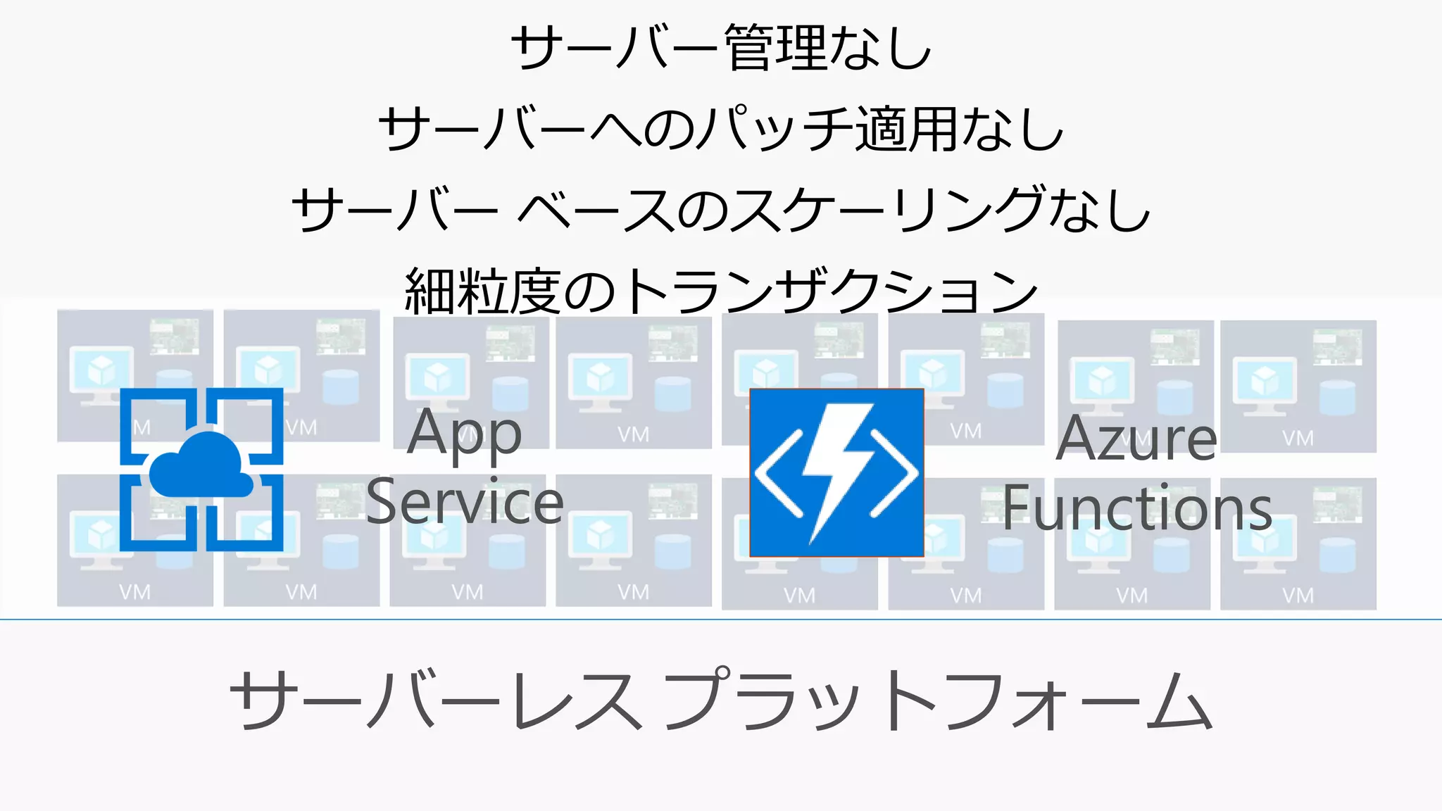 サーバーレス プラットフォーム
App
Service
Azure
Functions
サーバー管理なし
サーバーへのパッチ適用なし
サーバー ベースのスケーリングなし
細粒度のトランザクション
 