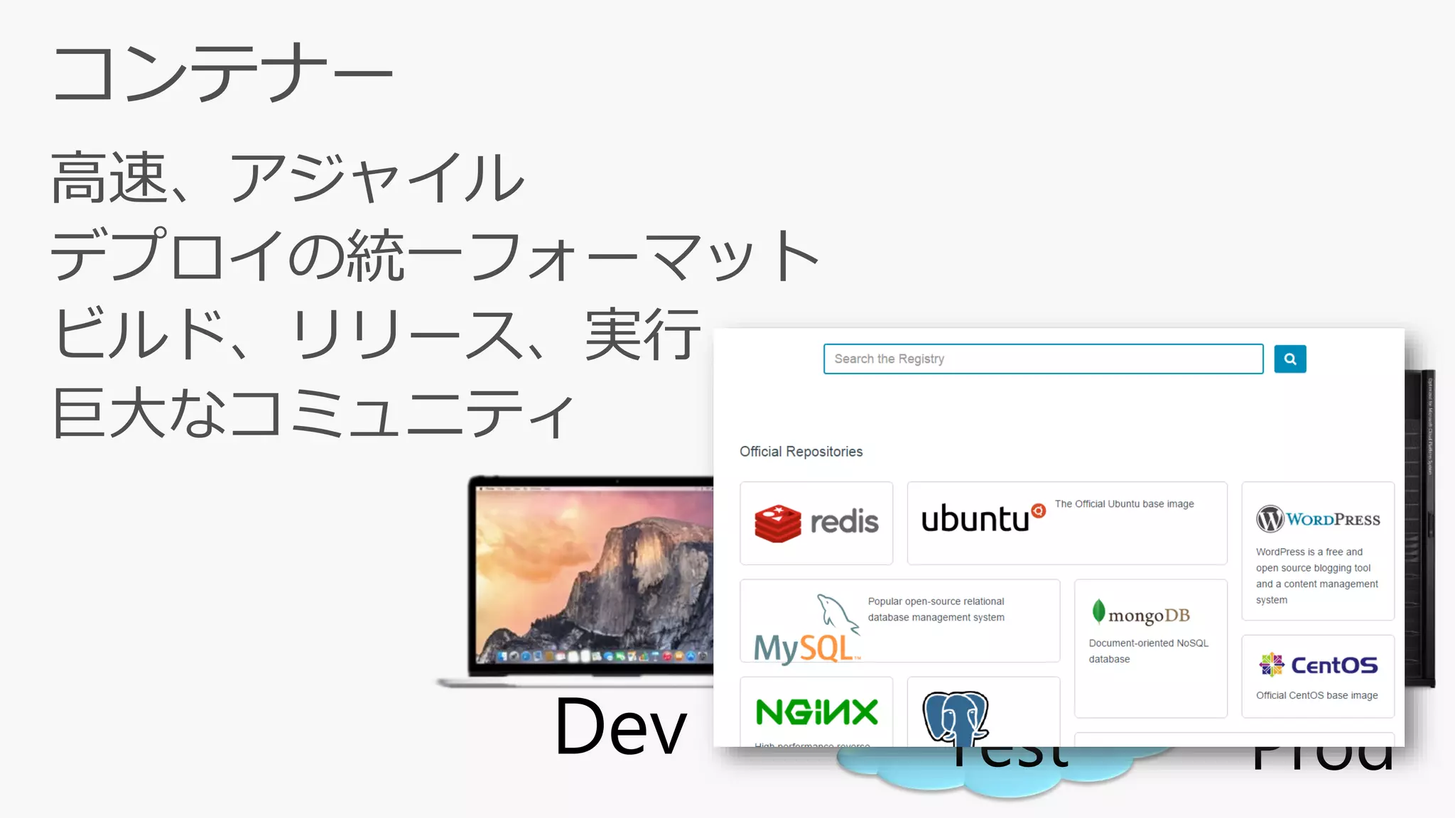 高速、アジャイル
デプロイの統一フォーマット
ビルド、リリース、実行
巨大なコミュニティ
Dev Test Prod
 