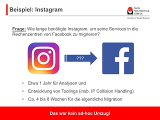 Beispiel: Instagram
Prof. Dr. rer. nat. Nane Kratzke
Praktische Informatik und betriebliche Informationssysteme
11
• Etwa 1 Jahr für Analysen und
• Entwicklung von Toolings (insb. IP Collision Handling)
• Ca. 4 bis 8 Wochen für die eigentliche Migration
Frage: Wie lange benötigte Instagram, um seine Services in die
Rechenzentren von Facebook zu migrieren?
???
Das war kein ad-hoc Umzug!
 