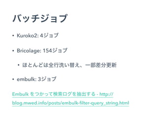 • Kuroko2: 4
• Bricolage: 154
•
• embulk: 3
Embulk - http://
blog.mwed.info/posts/embulk-ﬁlter-query_string.html
 